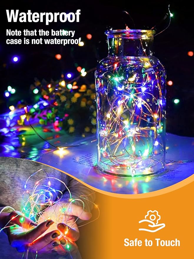 btfarm 2 Pack Fairy Lights Battery Operated with Timer, 16.4 FT 50 LED Silver Wire Twinkle String Lights 8 Modes Dimmable Waterproof for Indoor Christmas Bedroom Wedding Decorations, Multicolor