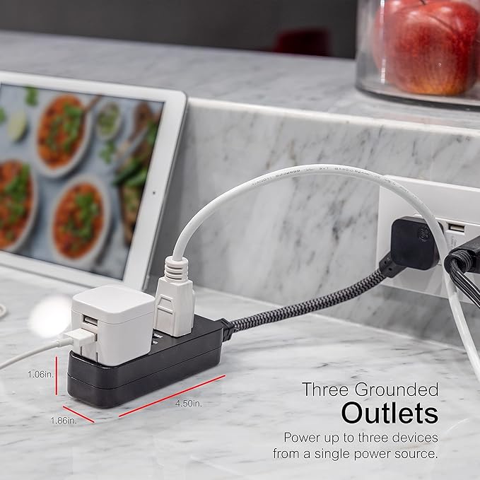 GE 3-Outlet Power Strip Mini Extension Cord with Multiple Outlets 5 Inch Braided Short Cord Extension Cord Grounded Flat Plug UL Listed Black 45191