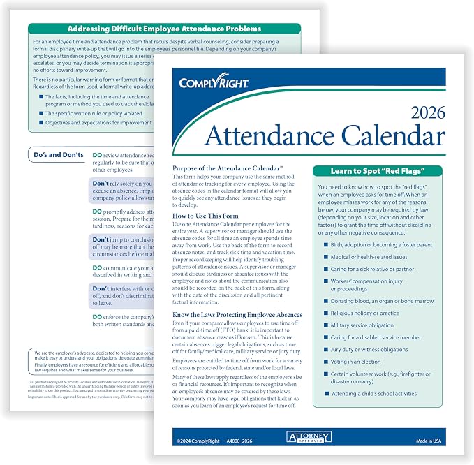 ComplyRight 2026 Attendance Calendar Kit