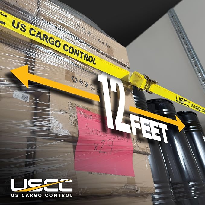 US Cargo Control E Track Straps 2" x 12' (10-Pack), 4,400 LBS Break Strength, Yellow Heavy Duty E Track Ratchet Straps with 4' Fixed End and Spring E-Fittings, Logistic Tiedowns for Box Trucks, Vans