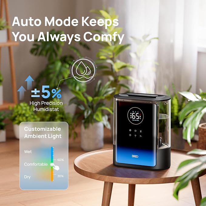 DREO 8L Smart Humidifiers for Bedroom 600ft², 80H Runtime Warm&Cool Supersized Mist Humidifier for Large Room Indoor, Quiet Whole House humidifier for Baby, Plants, with Alexa/Google, Black, HM717S