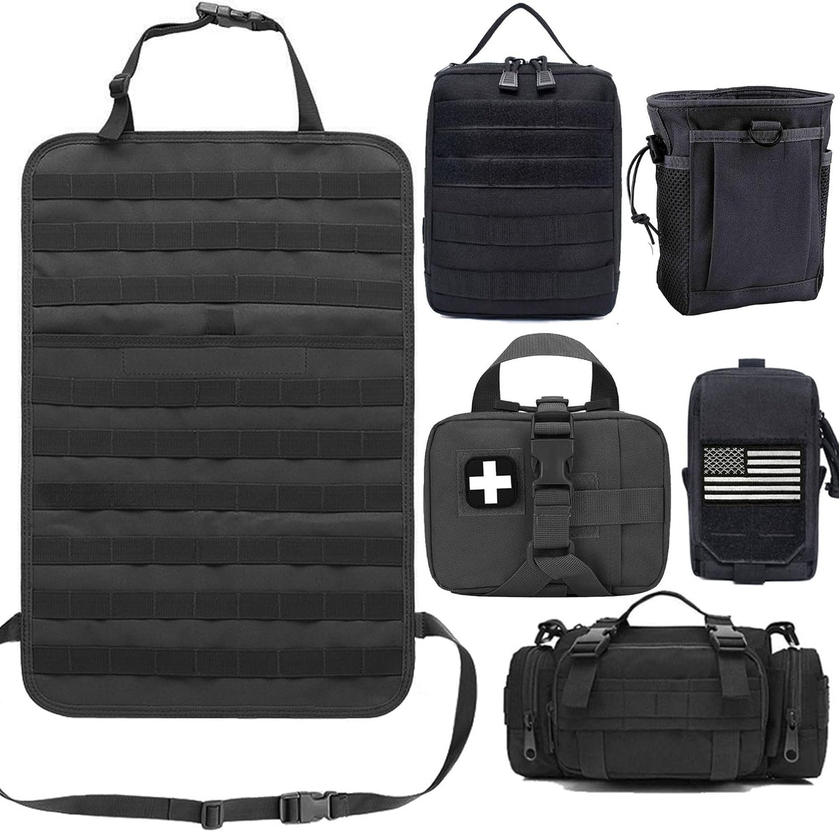 Car Truck Seat Back Organizer Tactical Molle, Upgrade Tactical Vehicle Panel Organizer with 5 Detachable Molle Pouch, Universal Fits for Most of Vehicle (Black)