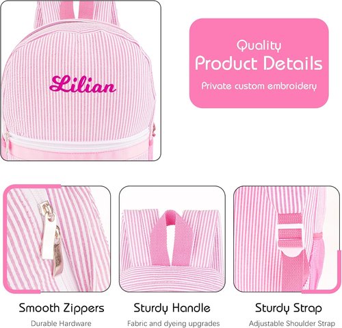 MT WORLD Personalized Toddler Backpack - Embroidered Name Seersucker Design for Girls 2-4 (Pink)