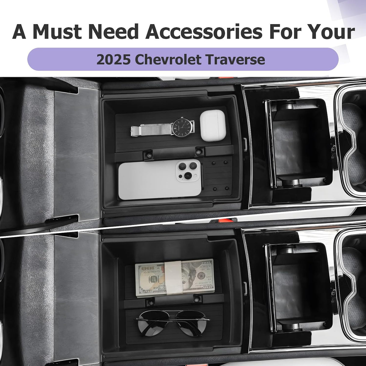 LUWU Center Console Organizer Tray Compatible with 2024 2025 2026 Chevrolet Traverse & 2024 2025 2026 GMC Acadia Accessories Armrest Console Organizer Armrest Organizer Insert Tray Black 2-Pack
