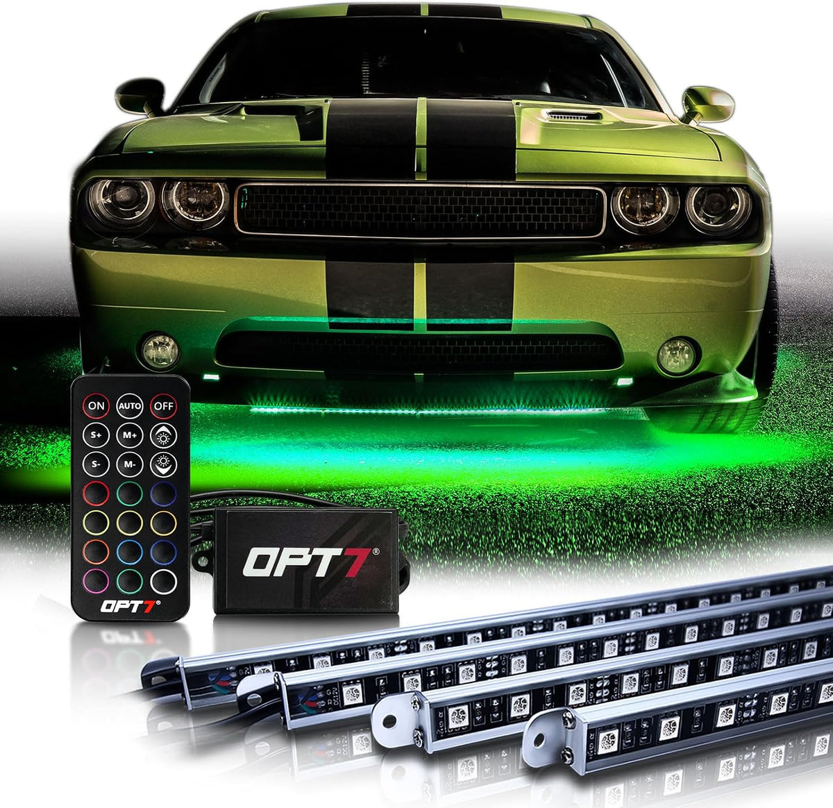 OPT7 Aura RGB Aluminum Car Underglow Kit with Remote Control | Waterproof Rigid LED Bars, Multicolor Underbody Lighting, Exterior Neon Accent Ground Lights, 12V Car Decor