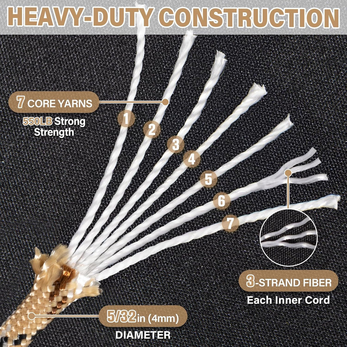 Paracord 550 lb - 50ft Heavy Duty 7-Strand Parachute Cord | Desert Camo Survival & Camping Gear