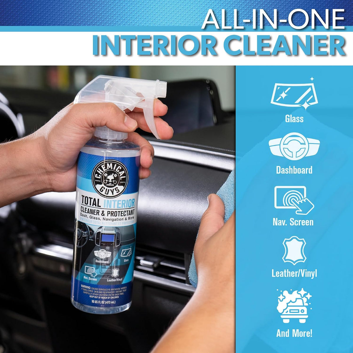 Chemical Guys, Total Interior Cleaner & Protectant, Leather & Vinyl, 32 oz | Cleans dashboards, seats, door panels, trim and glass in one step, leaving a fresh, streak-free, factory-style look