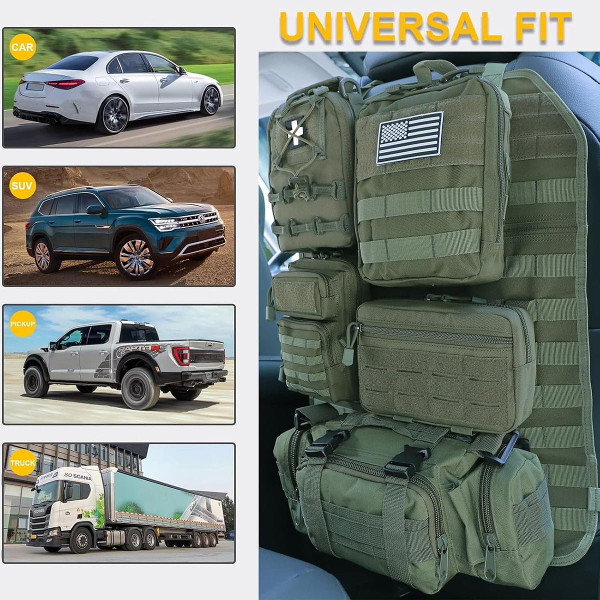 Universal Tactical Seat Back Organizer Vehicle Molle Panel Organizer Storage Bag with 5 Detachable Molle Pouch for All Vehicel Such as Jeep,Truck,SUV, Car, Ford,Chevy etc