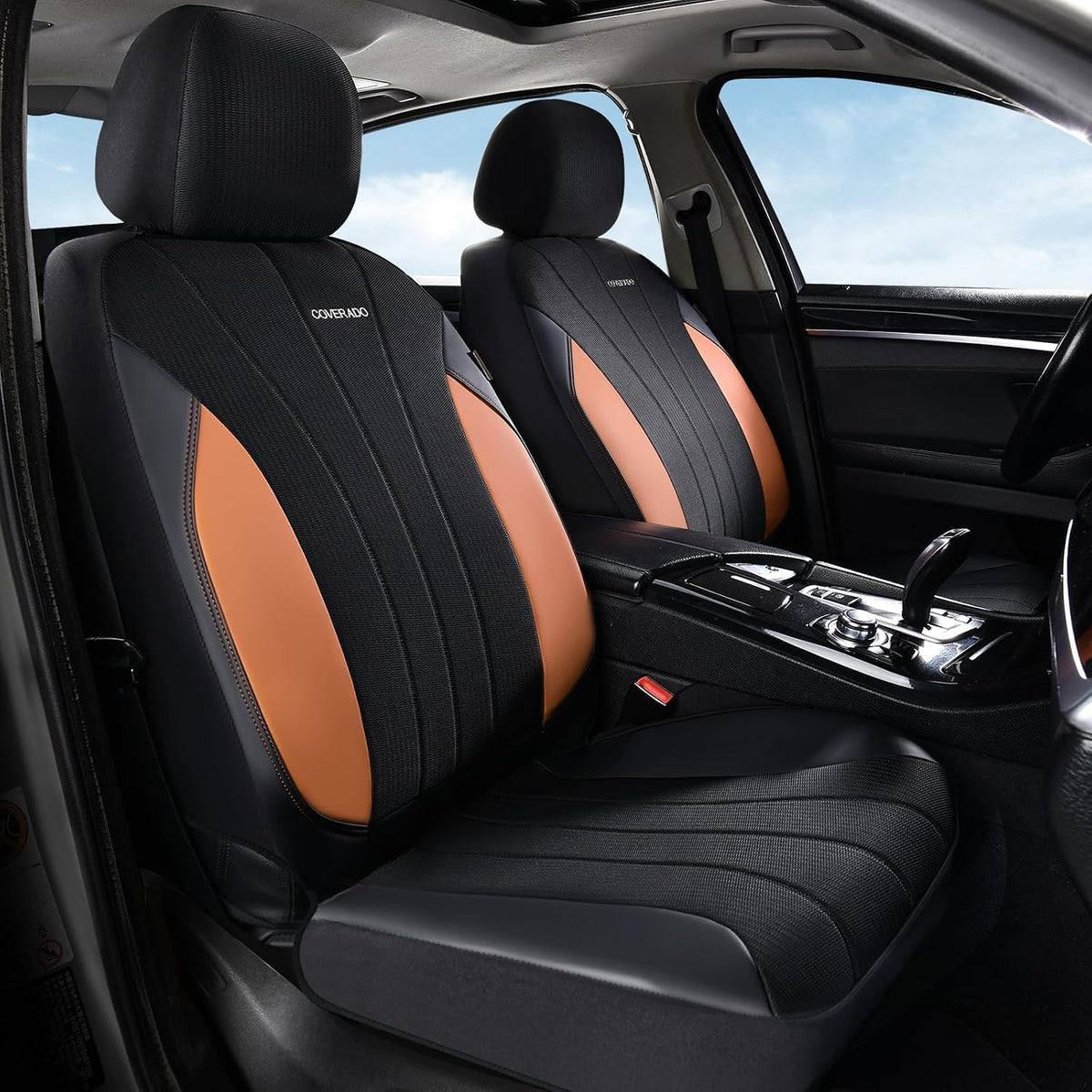 Coverado Seat Covers for Car, Leather Automotive Car Seat Covers 5 Seats, Mesh Breathable Auto Seat Protectors, Brown Seat Covers Universal Fit for SUV, Truck, Vans, Sedan