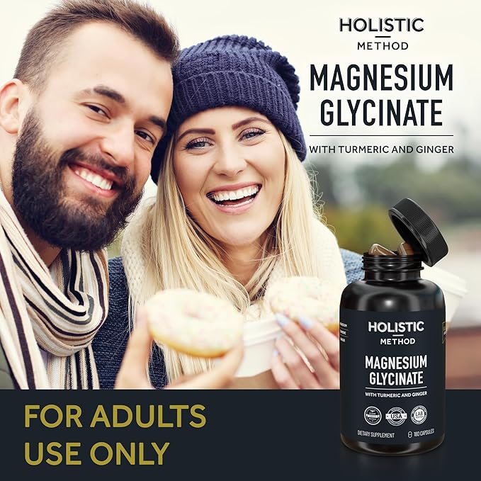 Magnesium Glycinate Capsules with Organic Turmeric and Ginger - 180 Vegan Capsules for Sleep, Relaxation, Muscle Cramps and Immune Support