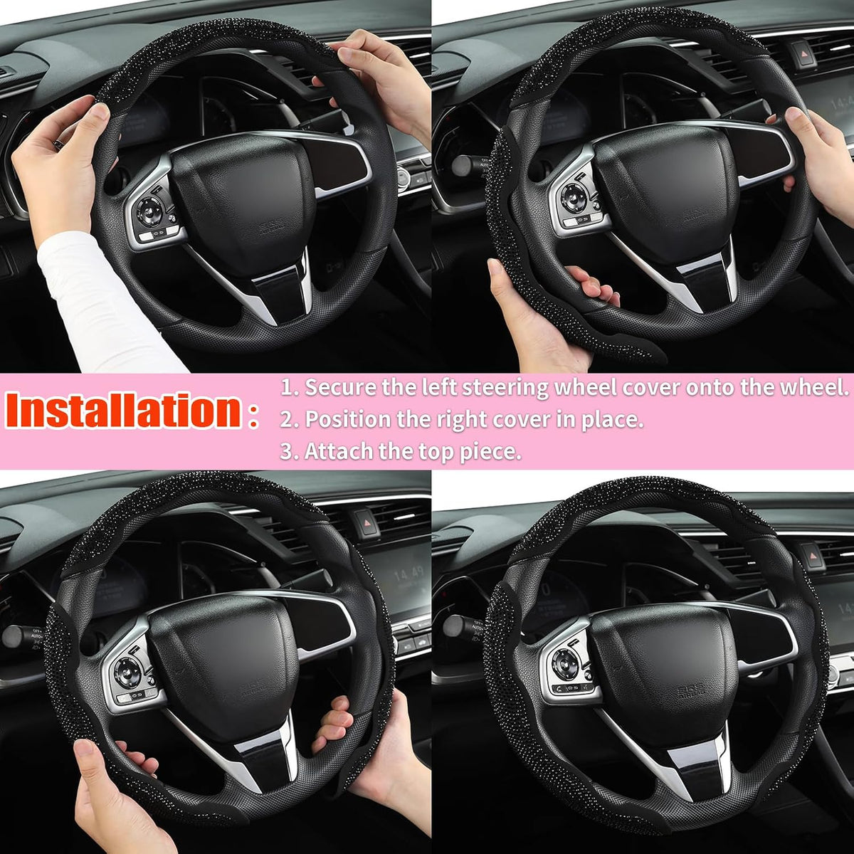West Llama Diamond Bling Car Steering Wheel Cover with Crystal Rhinestones,3PCS Segmented Steering Wheel Protector,Universal for 99% Cars for Women(Black with Black Diamond)
