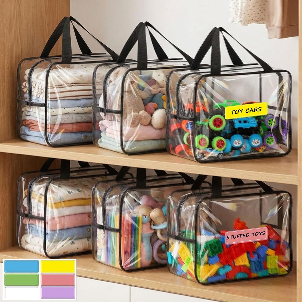 6 Packs Large Toy Storage Bags, Reusable Clear PVC Storage Bags with Zipper, Travel Waterproof Organizer Bags for Puzzles, Building Blocks,Board Game, Kids Books, Stationery (Black)