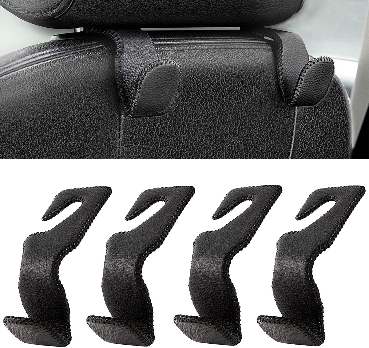 AMVOYOA Headrest Hooks for Car, Back Seat Organizer Black Leather Hanger Holder Hook, for Hanging Purses and Bags and Coats, Pack of 4