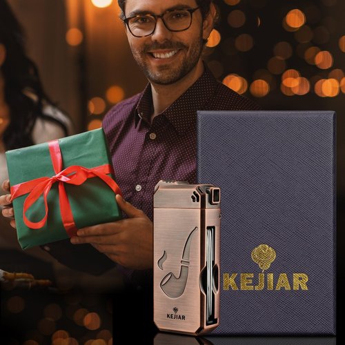 KEJIAR Pipe Lighter with Pipe Stand, 3 Collapsible Pipe Cleaning Tools, 4 in 1 Soft Flame Lighter, Refillable Butane, Men's Pipe Set Gift (Bronze Color)