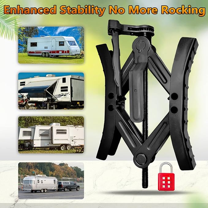 RV Wheel Chock Stabilizers,Heavy Duty Camper Tire Chock Stabilizers,Travel Trailers Wheel Chock Scissor 2 Sets with Built-in Wrench and Password Locks no Key Required (Black)