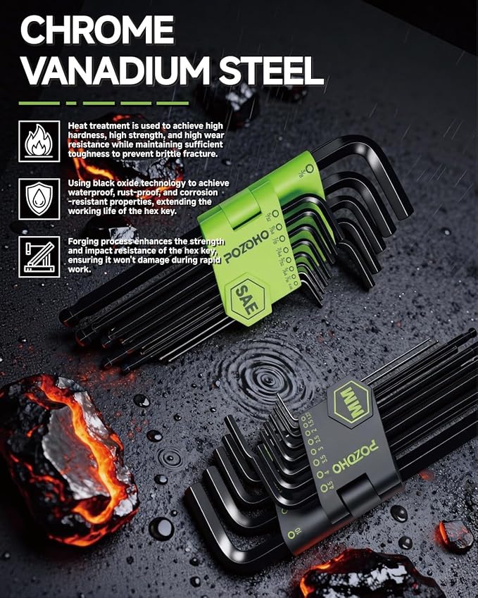 27-Piece Allen Wrench Set, Ball End Hex Key Set with Torque Handle, Metric and Standard Sizes, Long Arm, Chrome Vanadium Steel, Anti-Rust for Motorcycle, Bike, Car & DIY, PTM01027