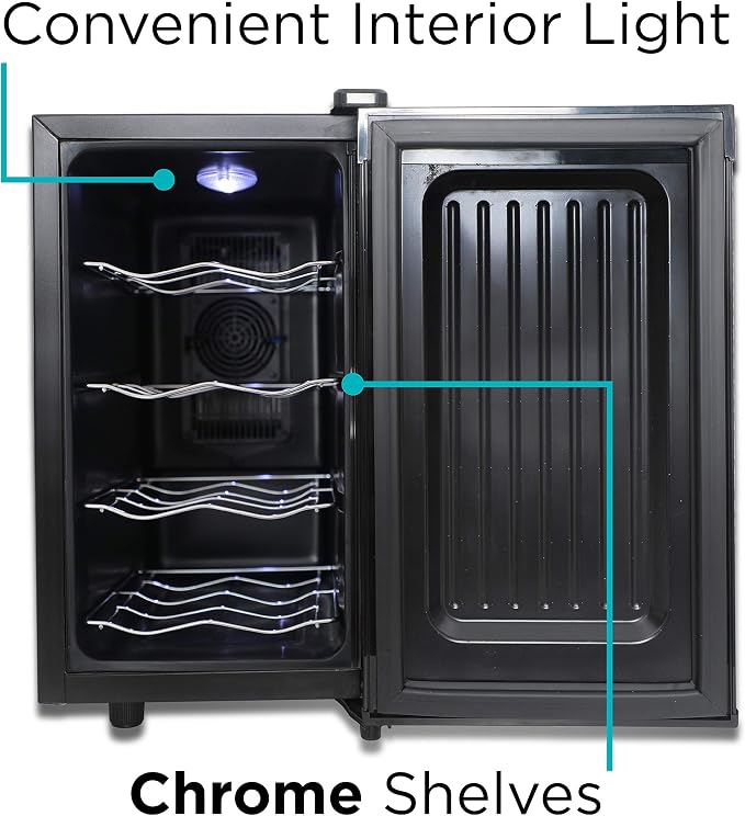 BLACK+DECKER 8-Bottle Thermoelectric Wine Chiller, BD60326, Mirrored Door | Thermoelectric Wine Cooler with Temperature Control, 8 Bottle Fridge for Reds, Whites and More, LED Display, Chrome Racks