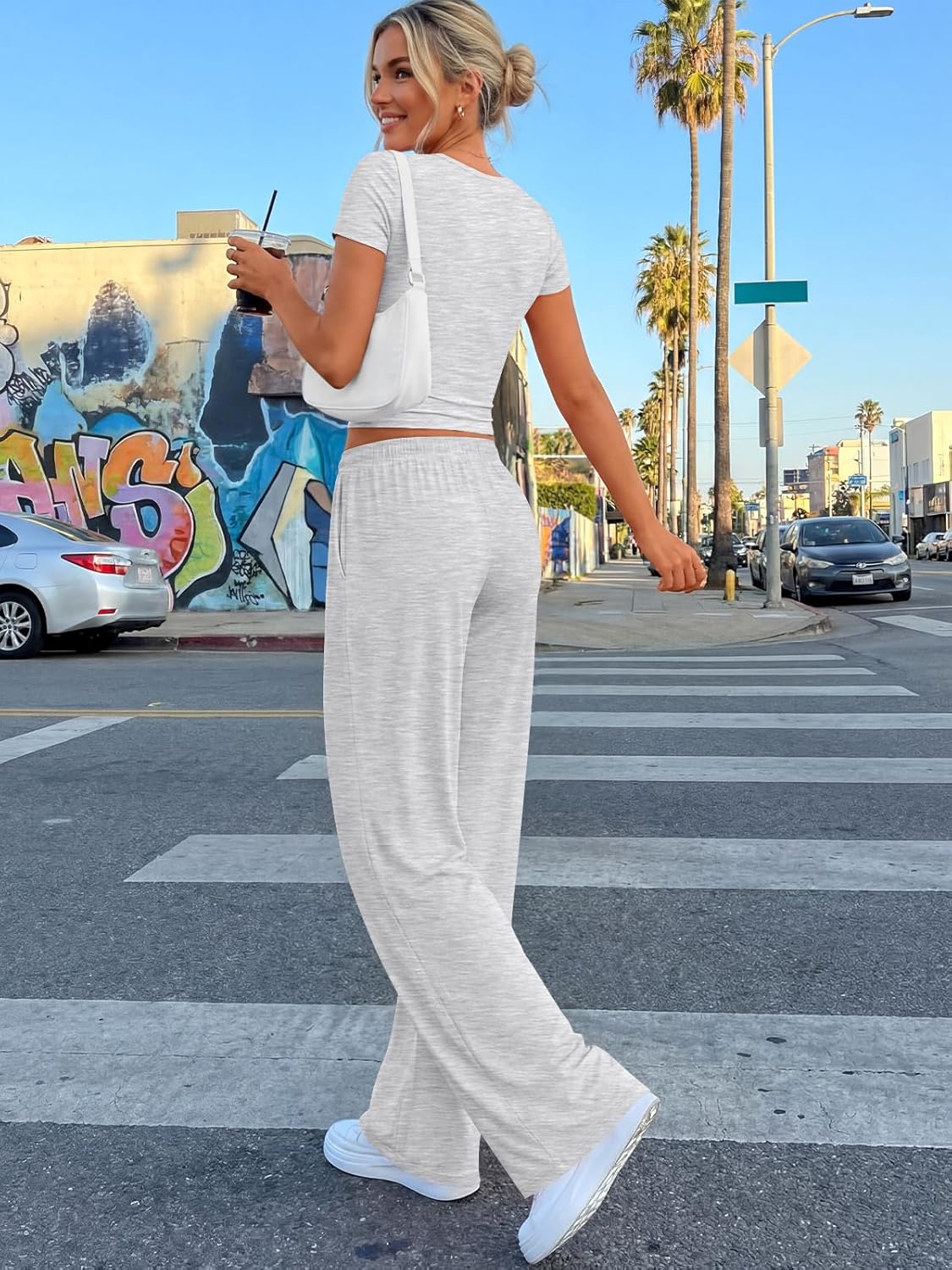 Trendy Queen 2 Piece Summer Sweatsuit Set - Women's Ruching Top & Wide Leg Pants with Pockets