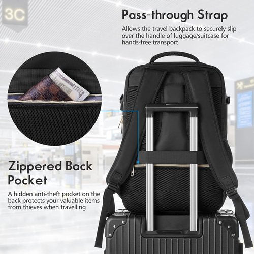 MOMUVO Travel Backpack - Airline Approved Carry-On | 15.6 Inch Laptop Bag with USB Charging Port - Black