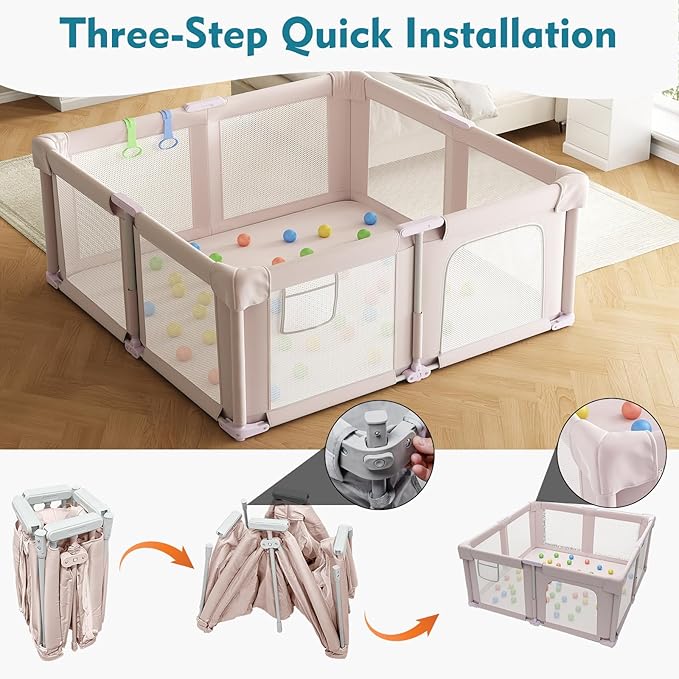 51" Foldable Baby Playpen with Mat, Playpen for Babies and Toddlers with Ocean Balls and Pull Links, Soft Breathable and Visible Mesh, Indoor and Outdoor Play Pen, Pink