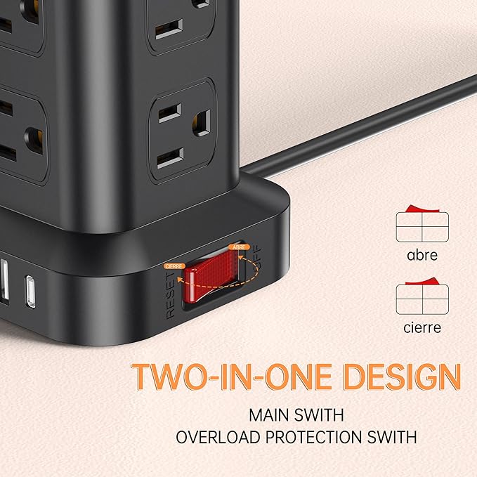Extension Cord with Multiple Outlets, SMALLRT Surge Protector Power Strip Tower, PD 20W USB C, Outlet Extender with USB Ports 12 AC Outlets, 6.5FT Extension Cord for Home Office, Overload Protection