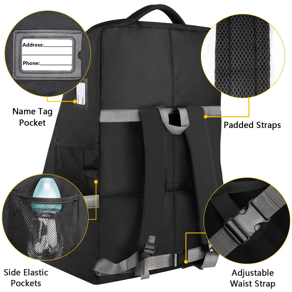 YOREPEK Padded Car Seat Travel Bag Backpack for Airplane, Heavy Duty Car Seat Bags for Air Travel, Carseat Cover for Airplane Travel with Shoulder Strap, Car Seats Carrier for Airport, Black