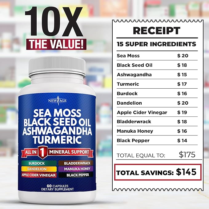 NEW AGE Sea Moss Black Seed Oil Ashwagandha Turmeric Bladderwrack Burdock - with Manuka, Honey Dandelion, ACV Black Pepper Gluten Free