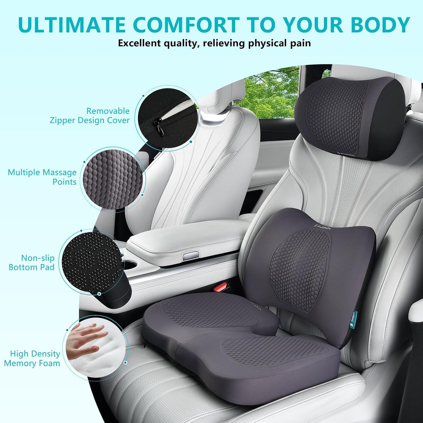 FLORICH 3 PCS Seat Cushion for Carseat Lumbar Support Pillow Car Neck Headrest Pillows Memory Foam Seat Pads Pressure Relief Back Cushion for Office Chair(Grey)