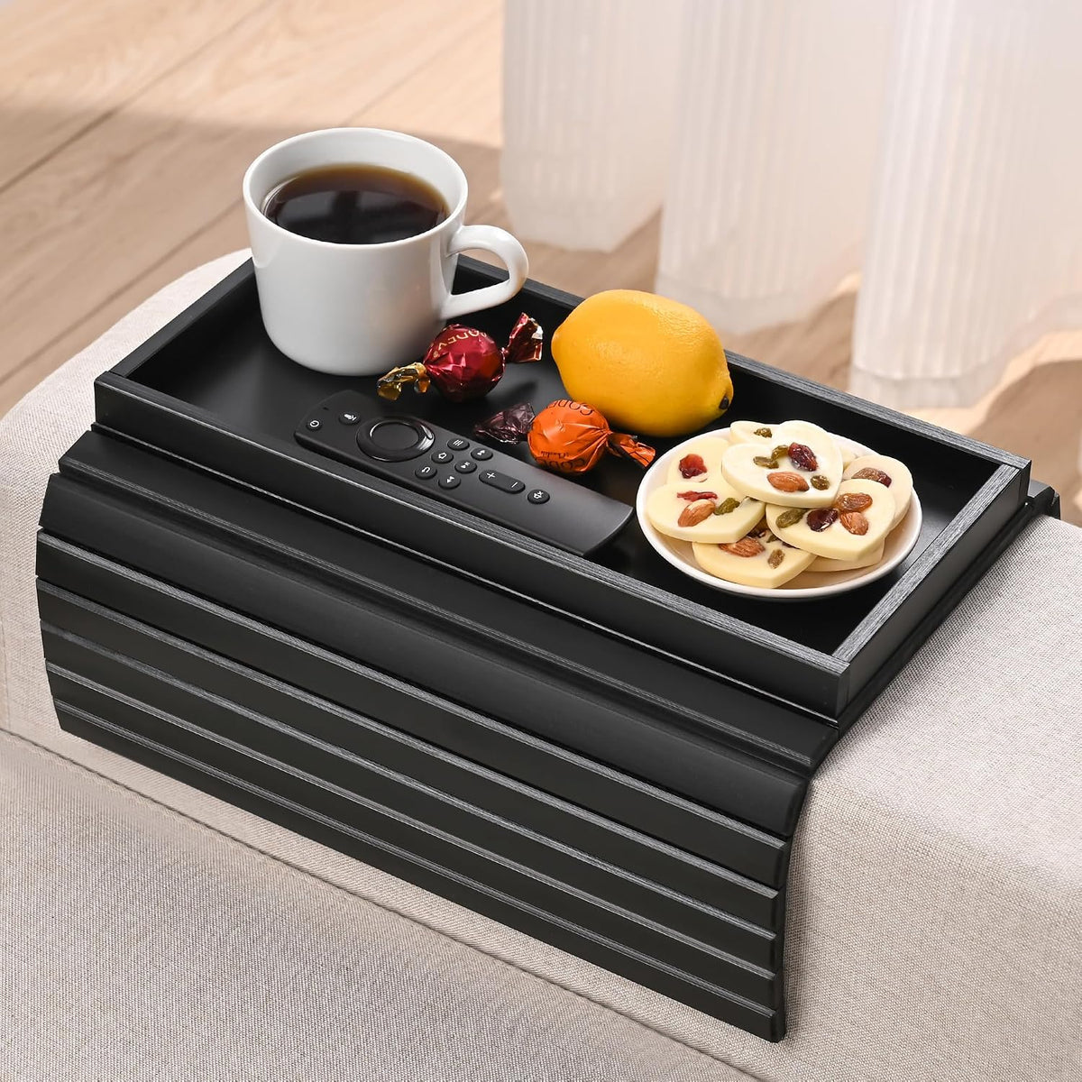 Bamboo Sofa Arm Tray, Anti-Dropping Couch Arm Tray, Foldable Sofa Armrest Tray Couch Arm Table for Eats, Drinks, Snacks, Remote, Cellphone, Cup Holder, Back Anti-Slip Pad Design
