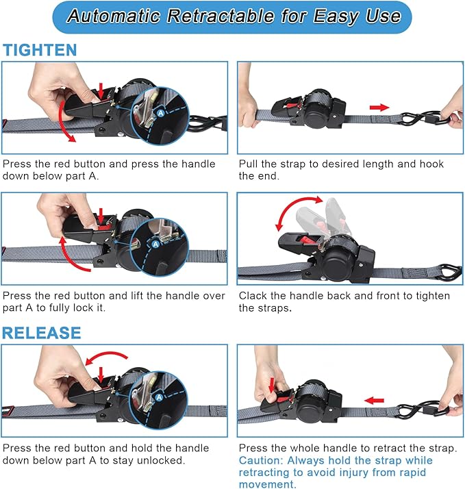 Retractable Ratchet Straps12FT Automatic Ratchet Tie Down Straps Self Ratcheting Cargo Straps for Motorcycle, Truck, Boat