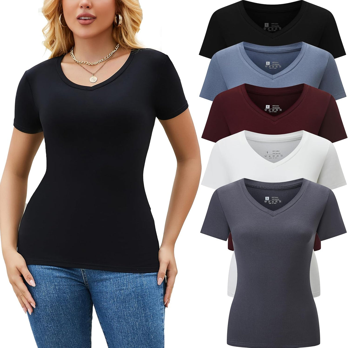 Skiennix Women's V-Neck T-Shirts - 5 Pack Slim Fit Casual Summer Tops | Short Sleeve Fashion Tees