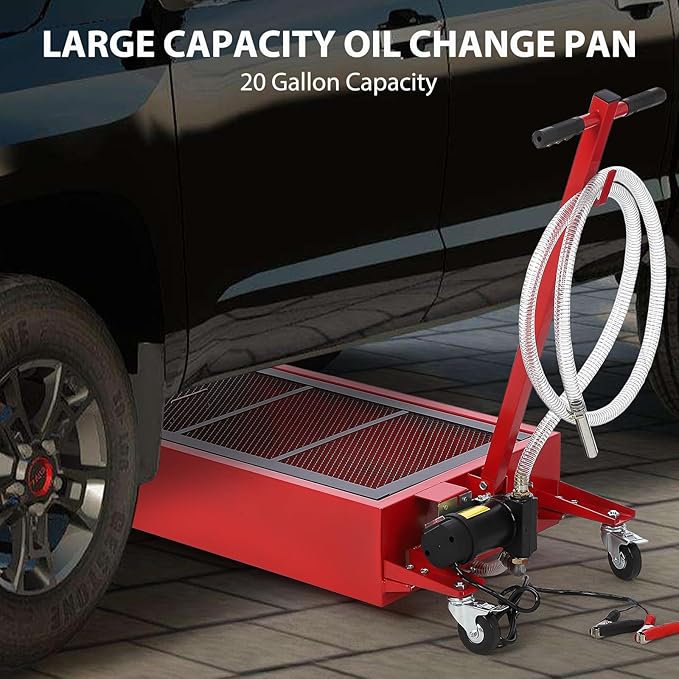 Oil Drain Pan, 20 Gallon Capacity, Rolling Oil Drain Pan with Electric Pump & 8 ft Hose, Leak-Proof & Corrosion-Resistant, Fit for Cars, SUVs, Trucks, Motorcycles, ATVs (Red, 20 Gallon-Electric)