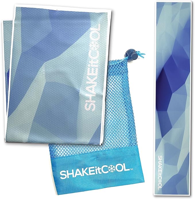SHAKEitCOOL Original Cooling Towel – Be Cool in Style - Heat Relief, Soft, Lightweight, Sun Protection, Easy Clean - Perfect for Biking, Running, Yoga, Gym, Gardening - Blue Fractal