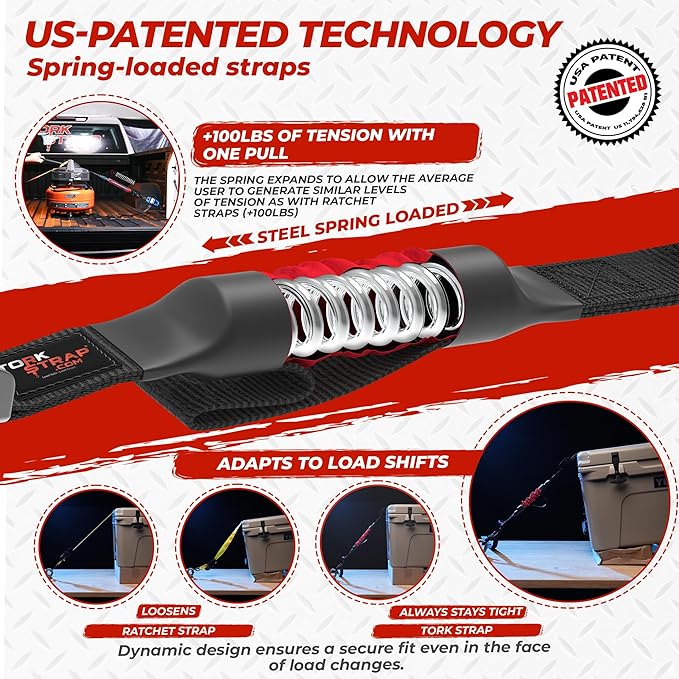 TorkStrap M500 Bundle | 14' x 1'' Spring Loaded Tie Down Straps with 20' Extensions- 1,500LB Max Load - Just Pull Alternative to Ratchet Straps - Integrated Soft Loops (2-Pack)