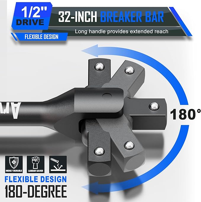 1/2" Drive Breaker Bar, 32" Heavy Duty Extension Breaker Bar, 180° Rotatable Head, Auto Repair, Mechanical Repair