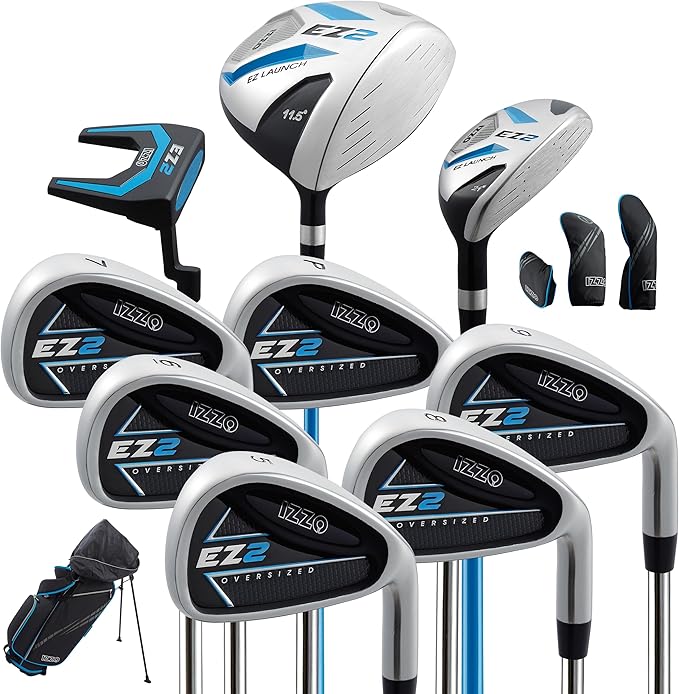 Izzo Golf EZ2 14 Piece Mens Right Hand Golf Club Set with Golf Bag - 14 Piece Complete Golf Club Set for Right Handed Golfers, Comes with Golf Bag