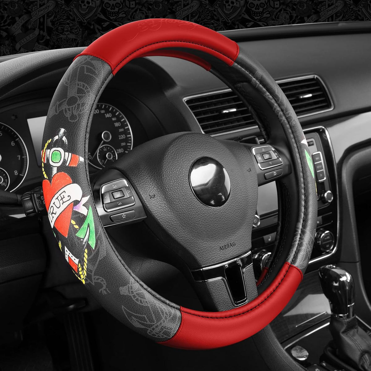 ED HARDY Heart Print Steering Wheel Cover, Red Leather Universal Car Streeing Cover, Fits 14.5-15.5 Inch Steering Wheels, Anti-Slip Comfortable Grip, Durable Auto Interior for Cars, SUVs, Trucks