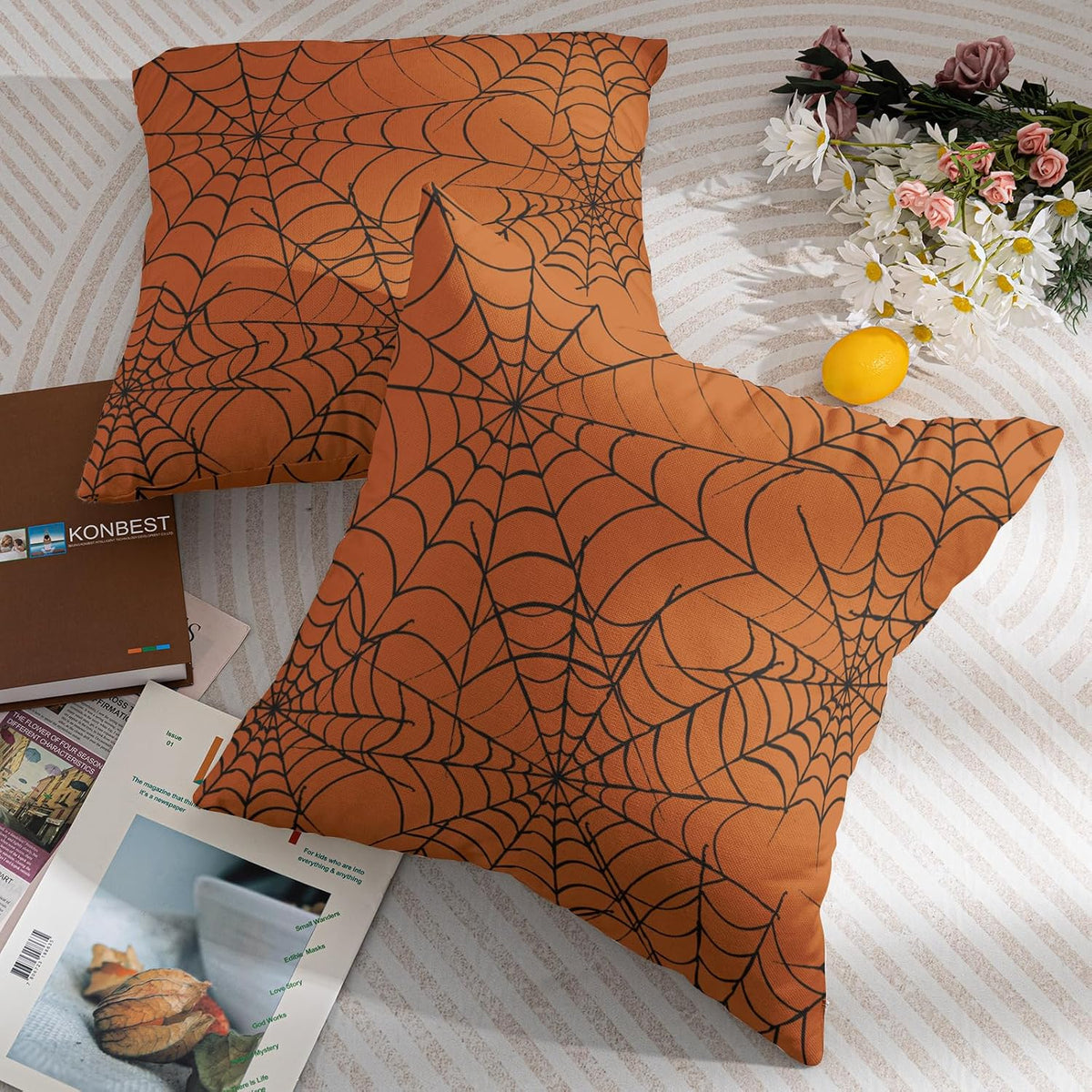 Burnt Orange Halloween Spiderweb Pillow Covers 18x18 Set of 2 Black Web Outdoor Decorative Throw Pillows Halloween Scary Themed Farmhouse Pillowcases Linen Cushion Case Decor for Home Sofa Couch Bed