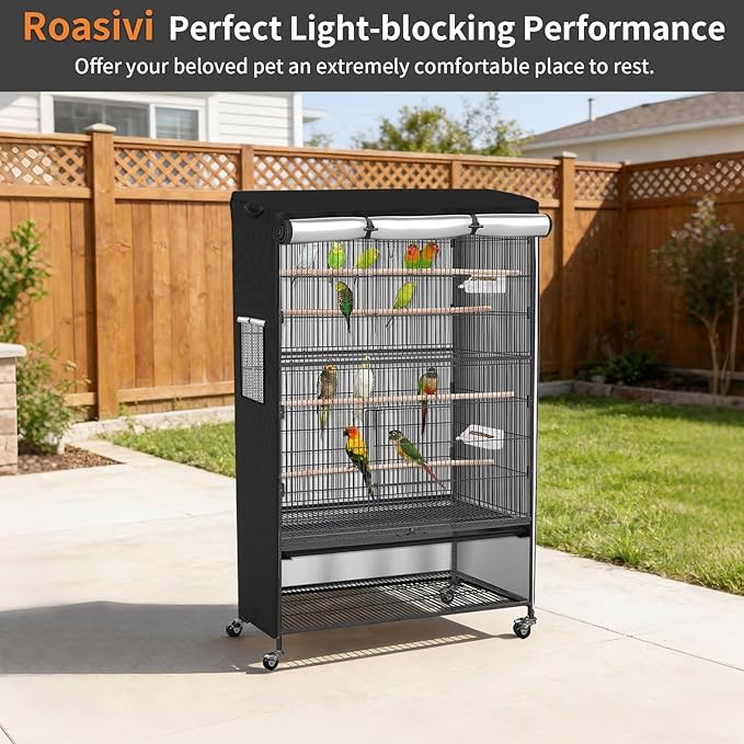 Roasivi Universal Large Birdcage Cover Black Out and Breathable Cages Cover for Parrots and Other Small Animals Durable Waterproofing Washable Material 31" L x 21" W x 53" H Black
