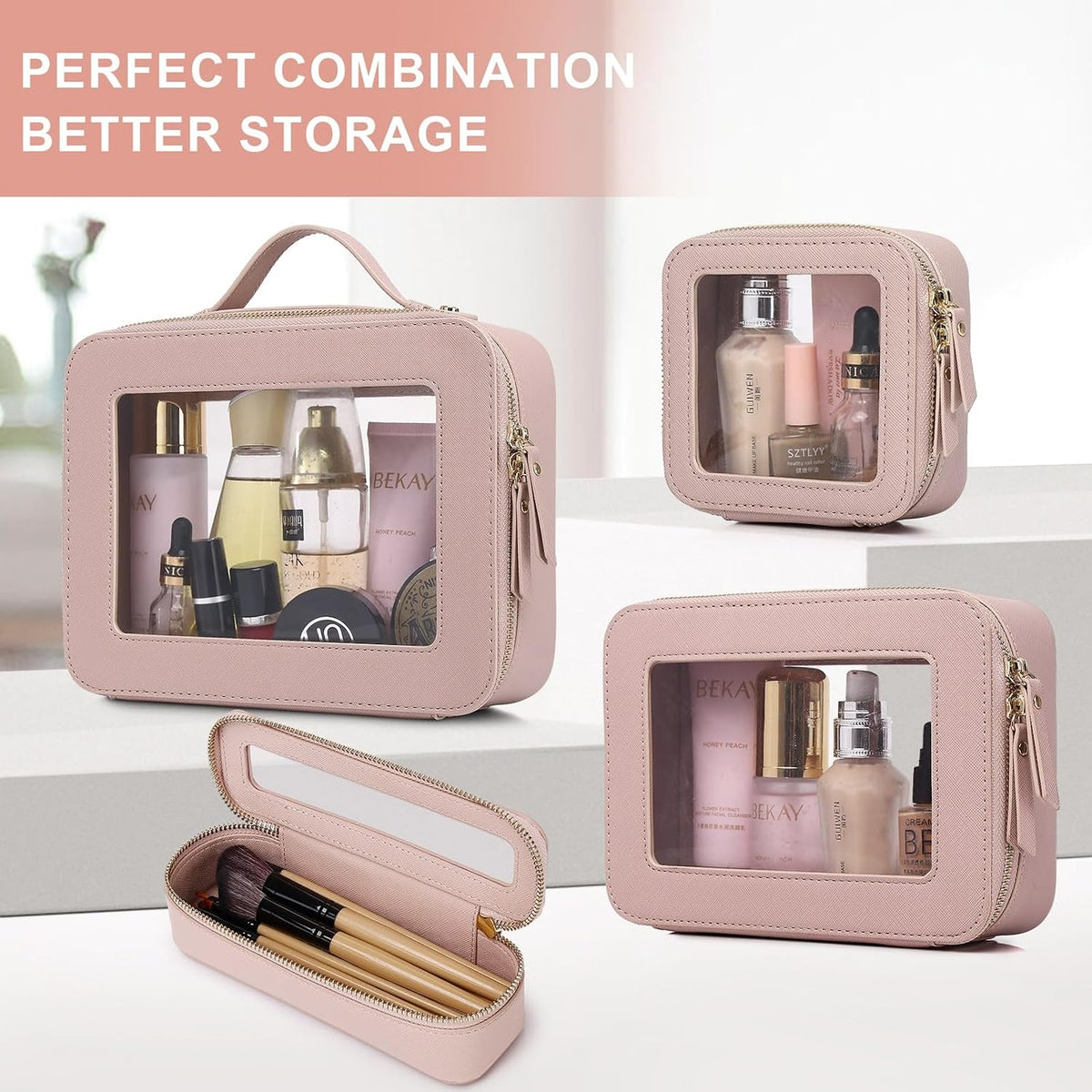 Pinkmik Clear Makeup Bag with Brush Bag, (Pink, L+SLIM)