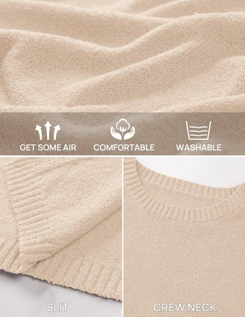 NENONA Women's Spring Summer 2 Piece Outfits Long Sleeve Tunic Sweater & Shorts Knit Lounge Sets Beach Vacation Casual Clothes,Beige,M