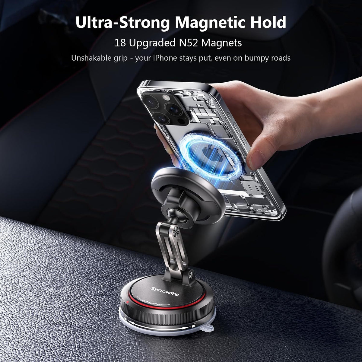 SYNCWIRE for MagSafe Car Mount [2-Axis Design] Nano Adhesive Gel + Suction Cup Magnetic Phone Holder for Dashboard & Windshield, 360° Adjustable for iPhone 17 16 15 14 13 12 11, Samsung, Matte Black