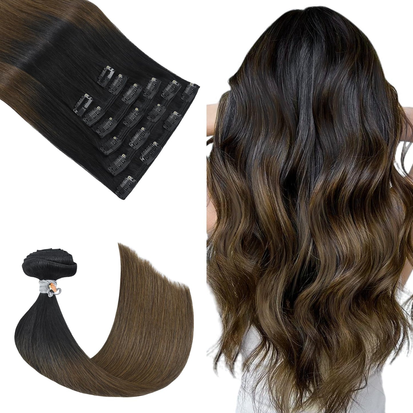 Honsoo Black Clip In Hair Extensions Real Human Hair 120G 20In 7Pcs Natural Black To Medium Brown Natural No Shedding No Tanglin
