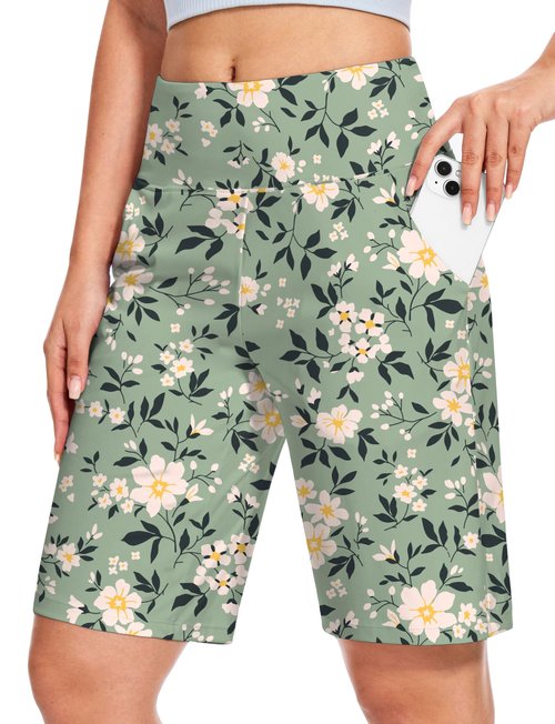 Blouty Women's 9" Bermuda Long Shorts Knee Length with Pockets High Waisted Shorts for Women Lounge Walking Athletic (Daisy, Large)