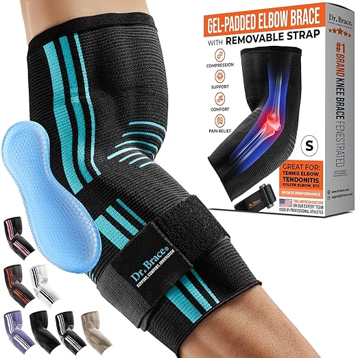 DR. BRACE® Elite Elbow Brace Support, Breathable Elbow Compression Sleeve with Gel Pad for Golfer's, Tennis Elbow & Tendonitis Treatment & Pain Relief 2024 (Black-Blue, Small)