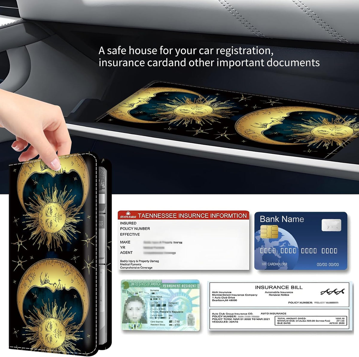 Premium Car Registration and Insurance Card Holder, Cute PU Leather Car Document Holder, Vehicle Glove Box Car Organizer with Magnetic Closure for Driver License, Cards Golden Sun and Moon