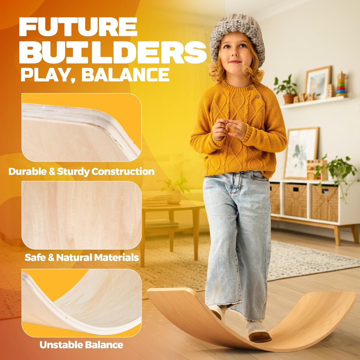 Skiennix Wooden Wobble Board - Kids' Balance Trainer for Indoor Play | Curvy Rocker Board for Yoga & Exercise