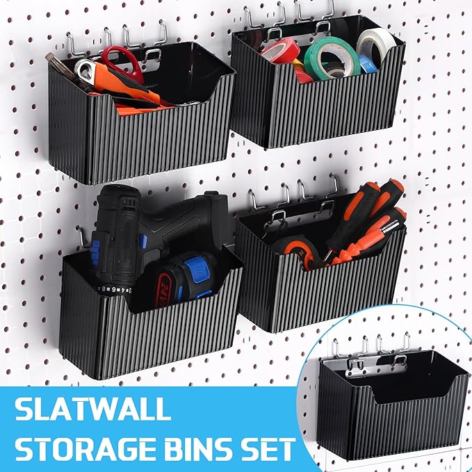 Suzile 4 Pcs Pegboard Bins Plastic Bins Set 7.9 x 3.3 x 4.7'' Pegboard Containers with Metal Hooks Organizing Assortment Accessories for Organizing Storage Tools Storage Workbench Garage (Black)