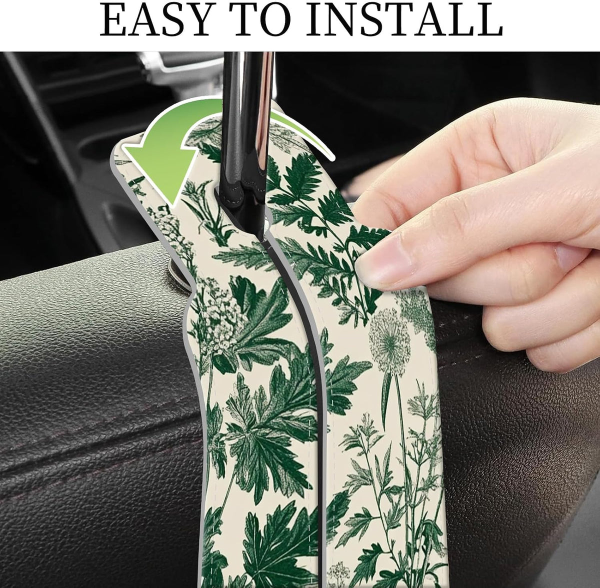 PU Leather Car Seat Hook, Storage Headrest Hanger, Cute Car Backseat Organizer, Car Hooks For Purses and Bags Green Floral