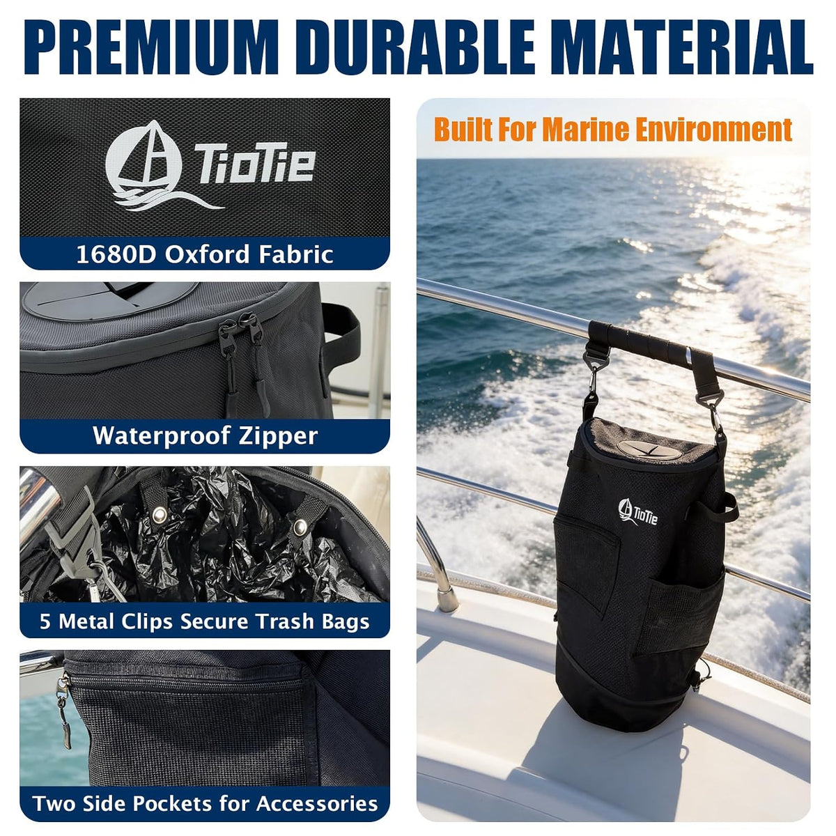 Boat Trash Can with 5.5in PVC Cross Opening, Large 26" Marine Garbage Bag for Pontoon, Fishing &amp; Kayak Boats, 1680D Waterproof/Windproof Boat Trash Bag with Storage Pockets (Black)